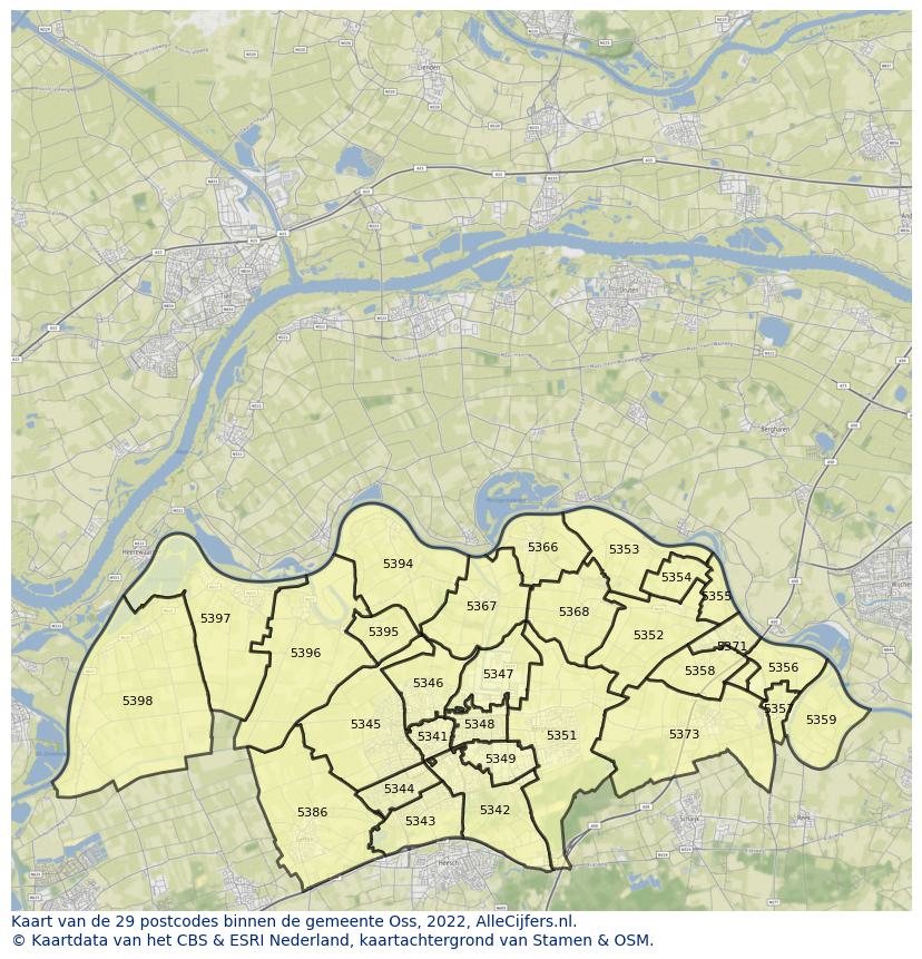 Afbeelding van de postcodes in de gemeente Oss op de kaart.