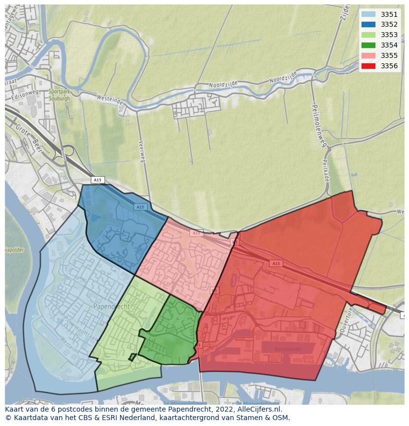 Afbeelding van de postcodes in de gemeente Papendrecht op de kaart.