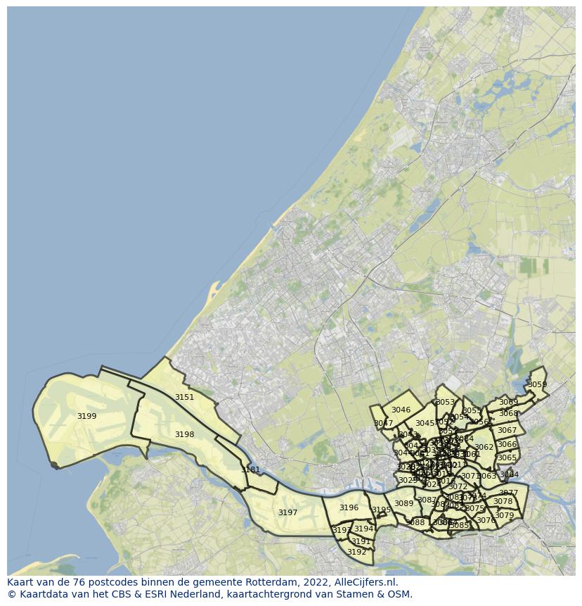 Afbeelding van de postcodes in de gemeente Rotterdam op de kaart.