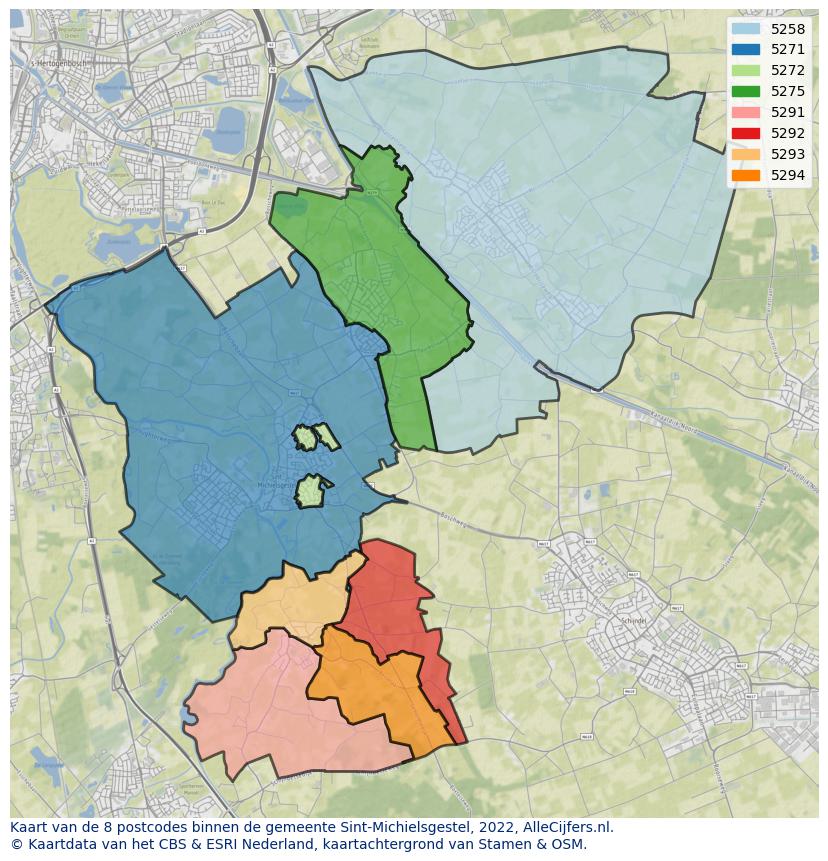 Afbeelding van de postcodes in de gemeente Sint-Michielsgestel op de kaart.