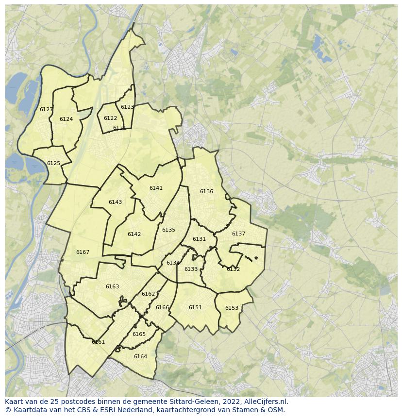 Afbeelding van de postcodes in de gemeente Sittard-Geleen op de kaart.