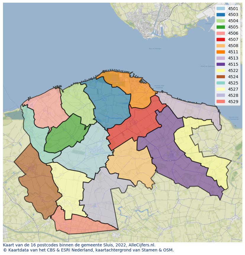 Afbeelding van de postcodes in de gemeente Sluis op de kaart.