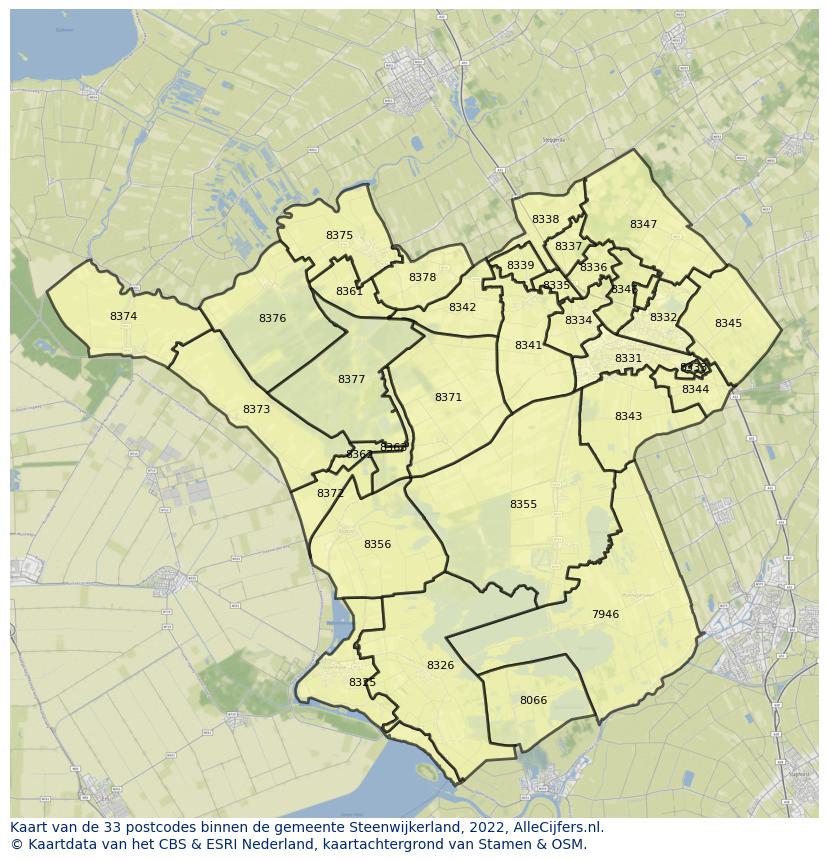 Afbeelding van de postcodes in de gemeente Steenwijkerland op de kaart.