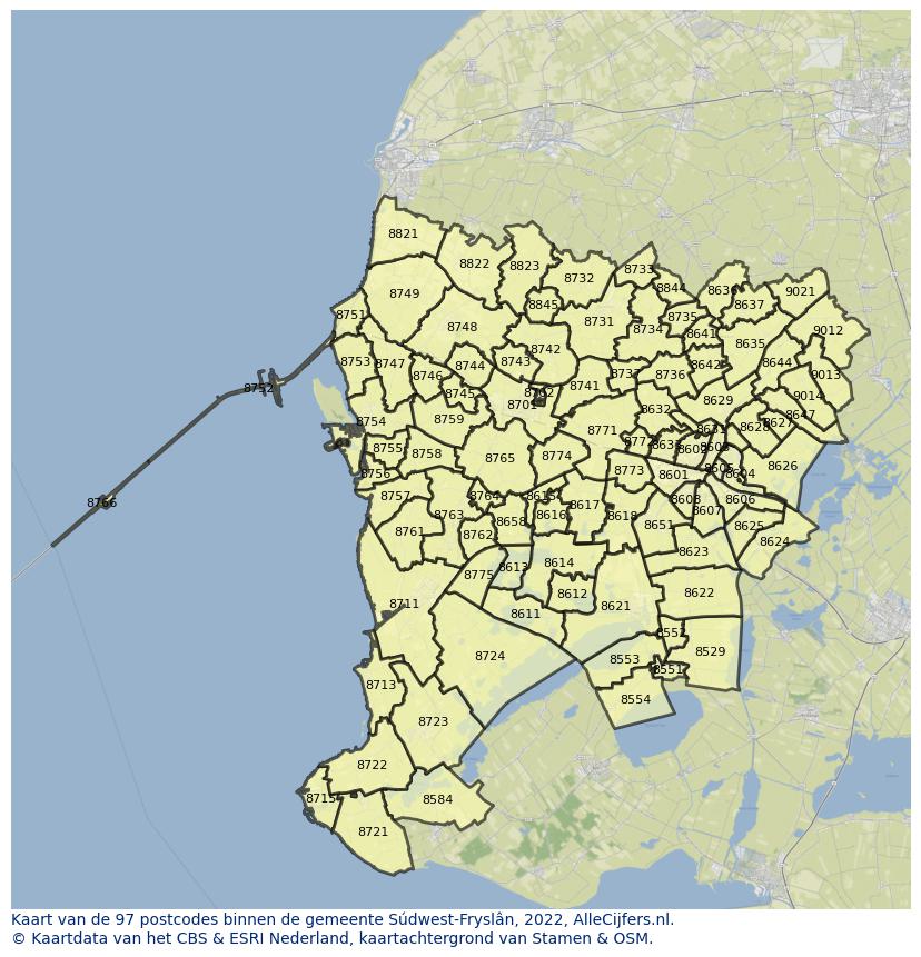 Afbeelding van de postcodes in de gemeente Súdwest-Fryslân op de kaart.