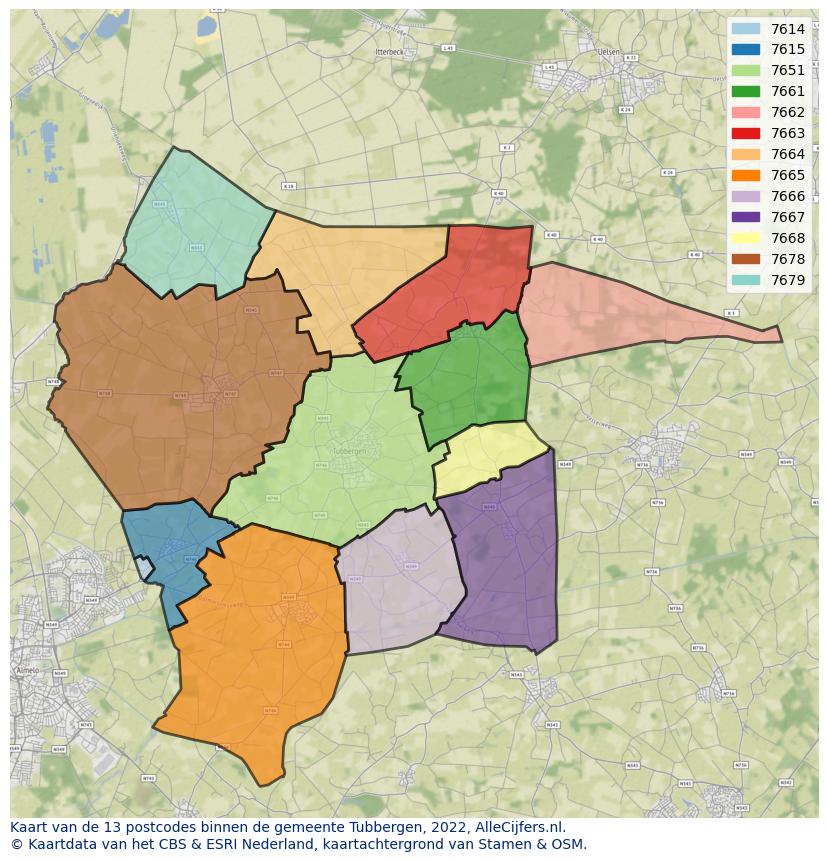 Afbeelding van de postcodes in de gemeente Tubbergen op de kaart.
