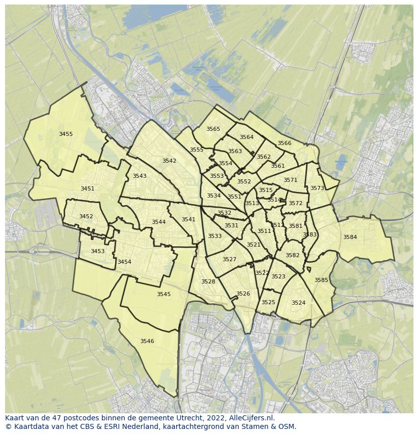 Afbeelding van de postcodes in de gemeente Utrecht op de kaart.