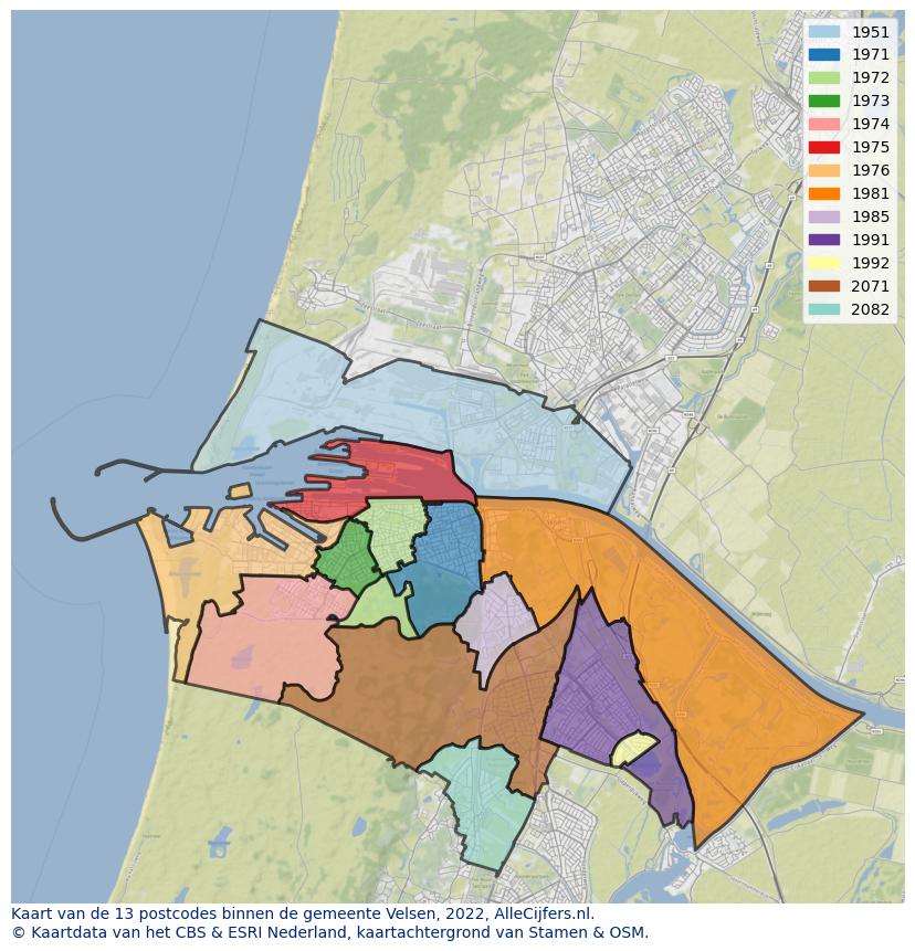 Afbeelding van de postcodes in de gemeente Velsen op de kaart.