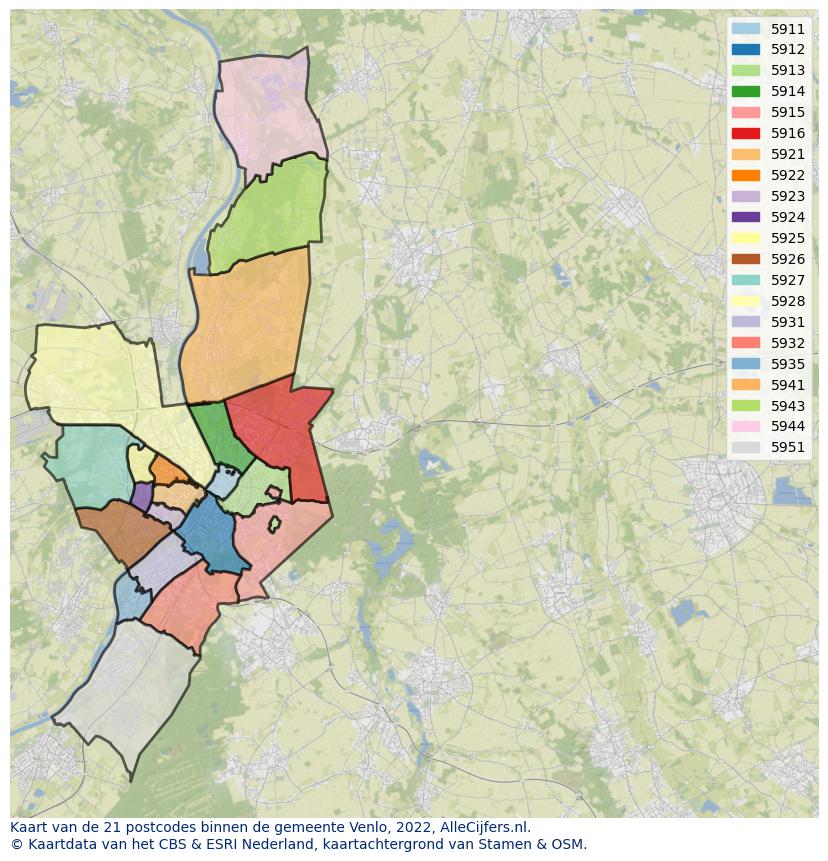 Afbeelding van de postcodes in de gemeente Venlo op de kaart.