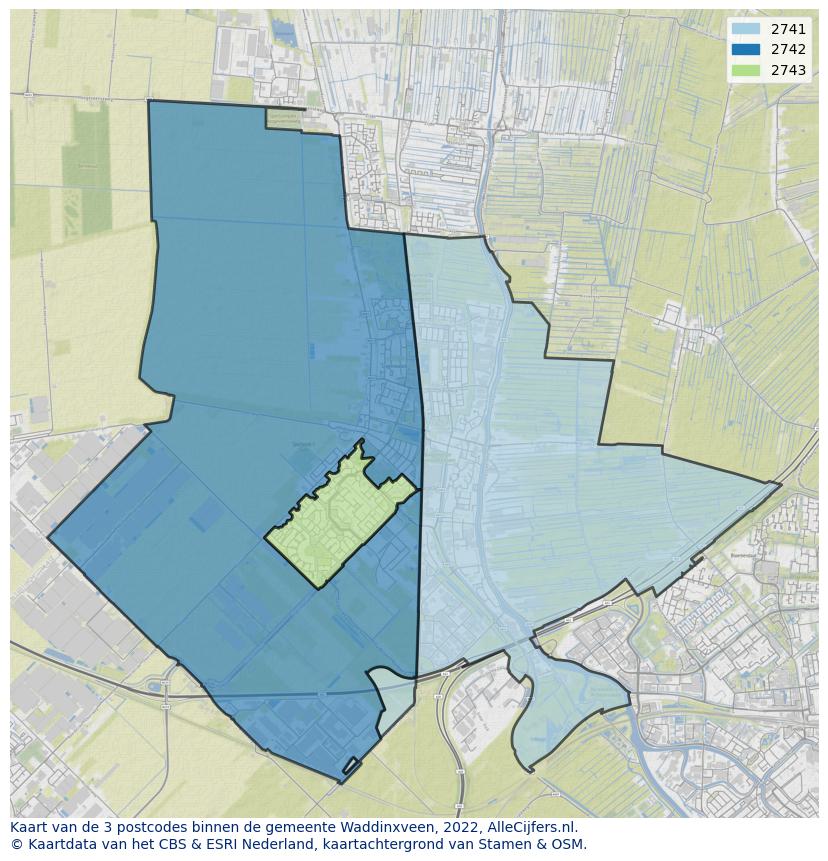 Afbeelding van de postcodes in de gemeente Waddinxveen op de kaart.