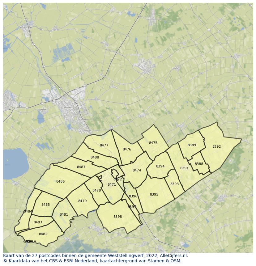 Afbeelding van de postcodes in de gemeente Weststellingwerf op de kaart.