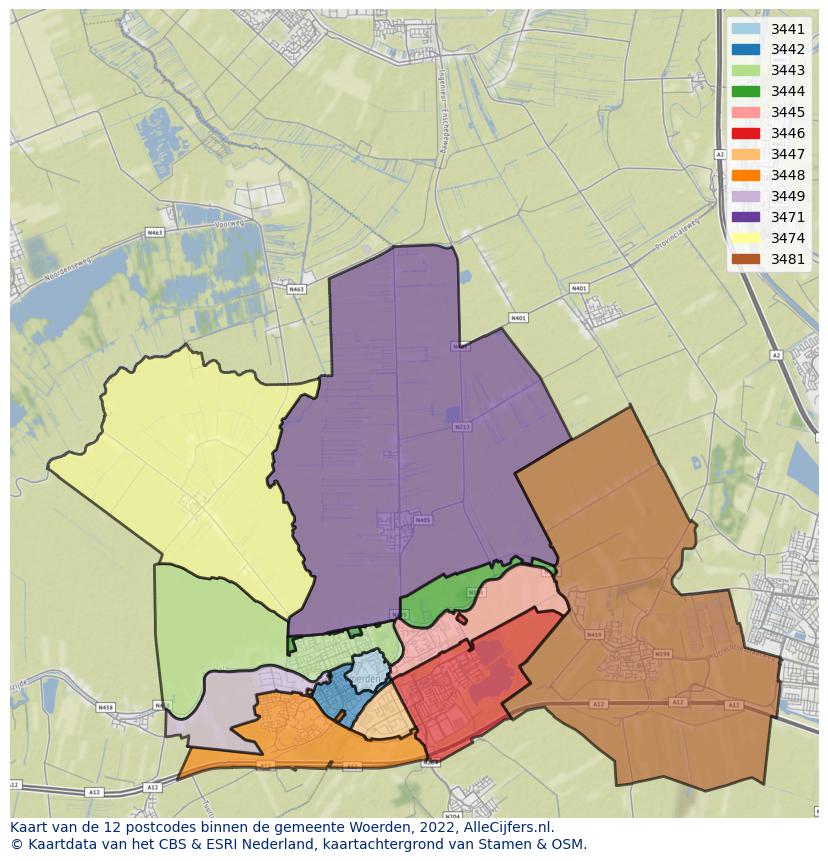 Afbeelding van de postcodes in de gemeente Woerden op de kaart.