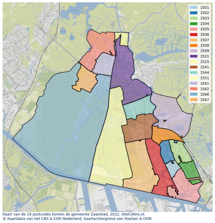 Afbeelding van de postcodes in de gemeente Zaanstad op de kaart.
