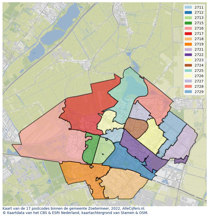 Afbeelding van de postcodes in de gemeente Zoetermeer op de kaart.