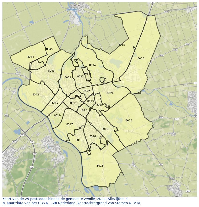 Afbeelding van de postcodes in de gemeente Zwolle op de kaart.