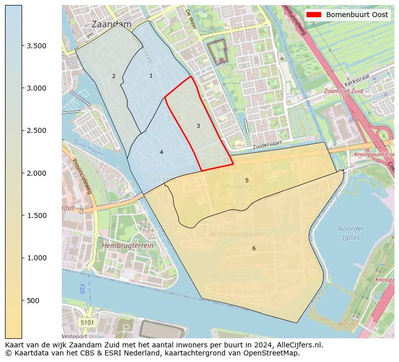 Kaart van de wijk Zaandam Zuid met het aantal inwoners per buurt in 2024. Op deze pagina vind je veel informatie over inwoners (zoals de verdeling naar leeftijdsgroepen, gezinssamenstelling, geslacht, autochtoon of Nederlands met een immigratie achtergrond,...), woningen (aantallen, types, prijs ontwikkeling, gebruik, type eigendom,...) en méér (autobezit, energieverbruik,...)  op basis van open data van het Centraal Bureau voor de Statistiek en diverse andere bronnen!