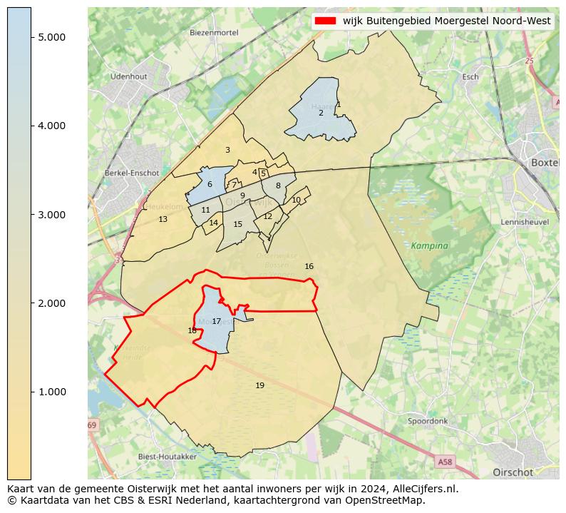 Kaart van de gemeente Oisterwijk met het aantal inwoners per wijk in 2024. Op deze pagina vind je veel informatie over inwoners (zoals de verdeling naar leeftijdsgroepen, gezinssamenstelling, geslacht, autochtoon of Nederlands met een immigratie achtergrond,...), woningen (aantallen, types, prijs ontwikkeling, gebruik, type eigendom,...) en méér (autobezit, energieverbruik,...)  op basis van open data van het centraal bureau voor de statistiek en diverse andere bronnen!