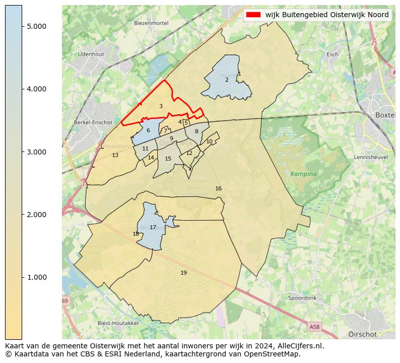 Kaart van de gemeente Oisterwijk met het aantal inwoners per wijk in 2024. Op deze pagina vind je veel informatie over inwoners (zoals de verdeling naar leeftijdsgroepen, gezinssamenstelling, geslacht, autochtoon of Nederlands met een immigratie achtergrond,...), woningen (aantallen, types, prijs ontwikkeling, gebruik, type eigendom,...) en méér (autobezit, energieverbruik,...)  op basis van open data van het centraal bureau voor de statistiek en diverse andere bronnen!