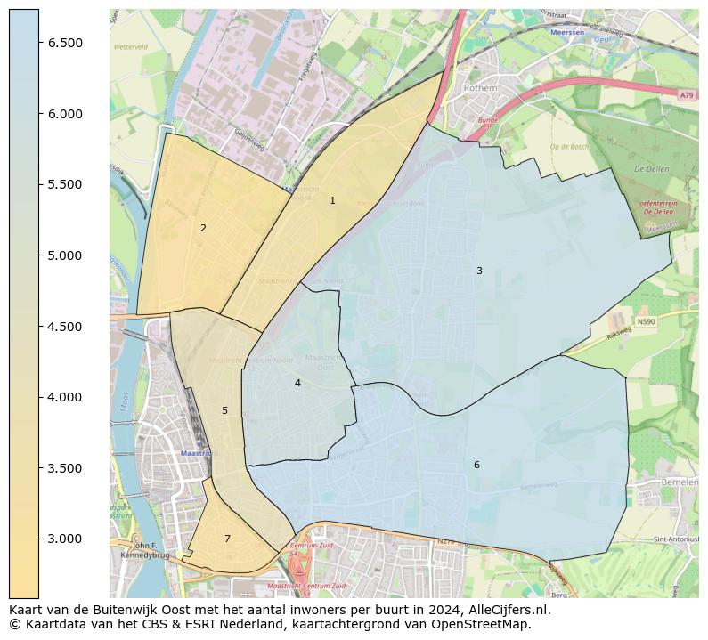 Kaart van de Buitenwijk Oost met het aantal inwoners per buurt in 2024. Op deze pagina vind je veel informatie over inwoners (zoals de verdeling naar leeftijdsgroepen, gezinssamenstelling, geslacht, autochtoon of Nederlands met een immigratie achtergrond,...), woningen (aantallen, types, prijs ontwikkeling, gebruik, type eigendom,...) en méér (autobezit, energieverbruik,...)  op basis van open data van het centraal bureau voor de statistiek en diverse andere bronnen!