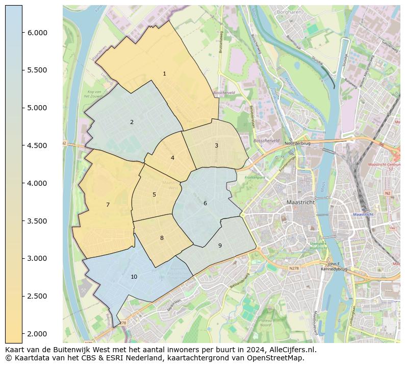 Kaart van de Buitenwijk West met het aantal inwoners per buurt in 2024. Op deze pagina vind je veel informatie over inwoners (zoals de verdeling naar leeftijdsgroepen, gezinssamenstelling, geslacht, autochtoon of Nederlands met een immigratie achtergrond,...), woningen (aantallen, types, prijs ontwikkeling, gebruik, type eigendom,...) en méér (autobezit, energieverbruik,...)  op basis van open data van het centraal bureau voor de statistiek en diverse andere bronnen!