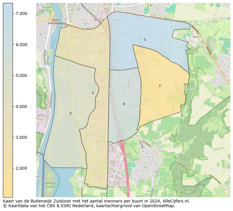 Kaart van de Buitenwijk Zuidoost met het aantal inwoners per buurt in 2024. Op deze pagina vind je veel informatie over inwoners (zoals de verdeling naar leeftijdsgroepen, gezinssamenstelling, geslacht, autochtoon of Nederlands met een immigratie achtergrond,...), woningen (aantallen, types, prijs ontwikkeling, gebruik, type eigendom,...) en méér (autobezit, energieverbruik,...)  op basis van open data van het Centraal Bureau voor de Statistiek en diverse andere bronnen!