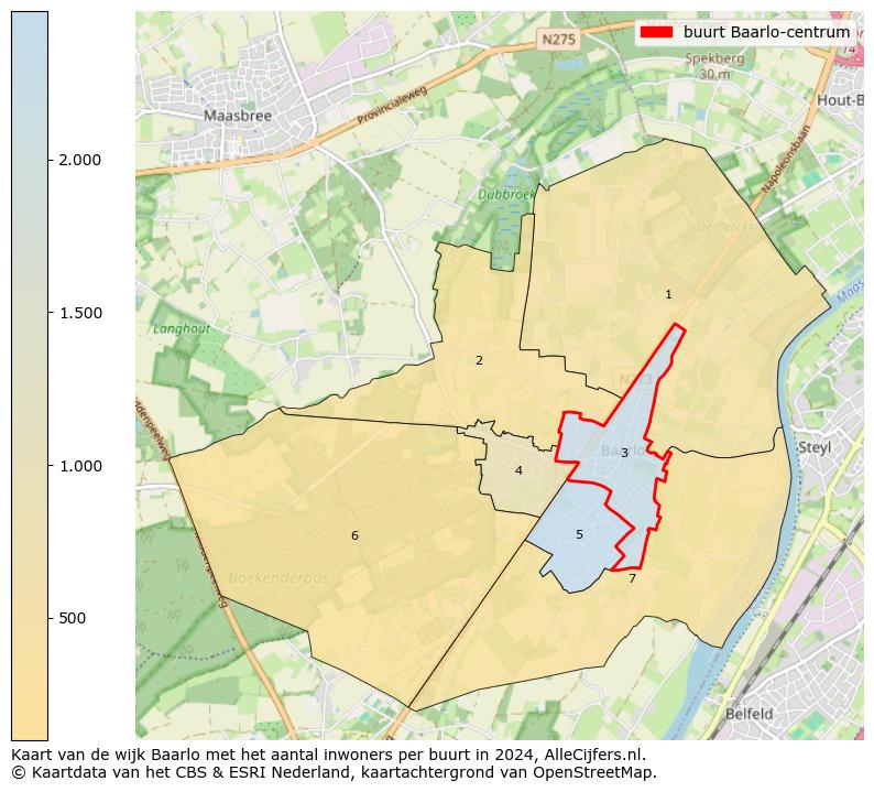 Kaart van de wijk Baarlo met het aantal inwoners per buurt in 2024. Op deze pagina vind je veel informatie over inwoners (zoals de verdeling naar leeftijdsgroepen, gezinssamenstelling, geslacht, autochtoon of Nederlands met een immigratie achtergrond,...), woningen (aantallen, types, prijs ontwikkeling, gebruik, type eigendom,...) en méér (autobezit, energieverbruik,...)  op basis van open data van het Centraal Bureau voor de Statistiek en diverse andere bronnen!