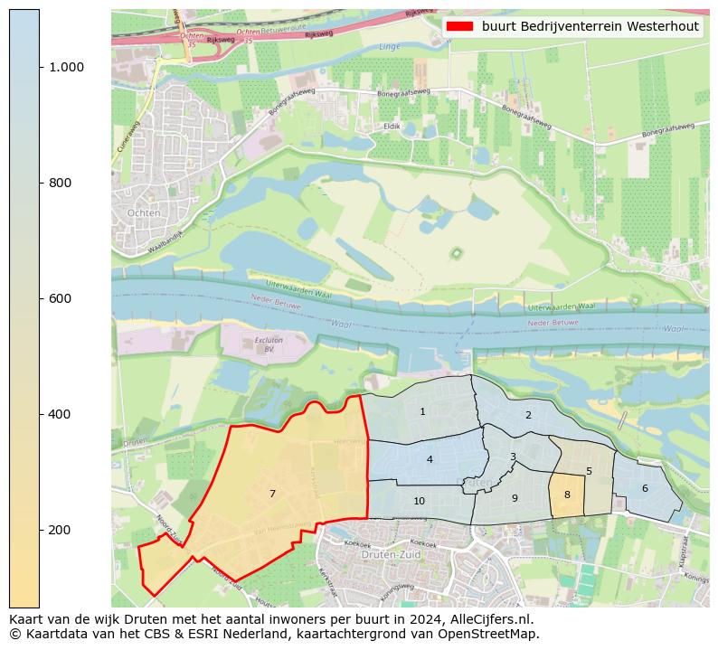 Kaart van de wijk Druten met het aantal inwoners per buurt in 2024. Op deze pagina vind je veel informatie over inwoners (zoals de verdeling naar leeftijdsgroepen, gezinssamenstelling, geslacht, autochtoon of Nederlands met een immigratie achtergrond,...), woningen (aantallen, types, prijs ontwikkeling, gebruik, type eigendom,...) en méér (autobezit, energieverbruik,...)  op basis van open data van het centraal bureau voor de statistiek en diverse andere bronnen!