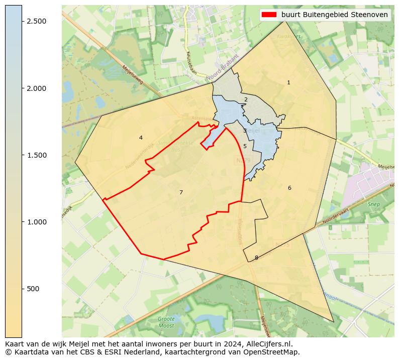 Kaart van de wijk Meijel met het aantal inwoners per buurt in 2024. Op deze pagina vind je veel informatie over inwoners (zoals de verdeling naar leeftijdsgroepen, gezinssamenstelling, geslacht, autochtoon of Nederlands met een immigratie achtergrond,...), woningen (aantallen, types, prijs ontwikkeling, gebruik, type eigendom,...) en méér (autobezit, energieverbruik,...)  op basis van open data van het centraal bureau voor de statistiek en diverse andere bronnen!