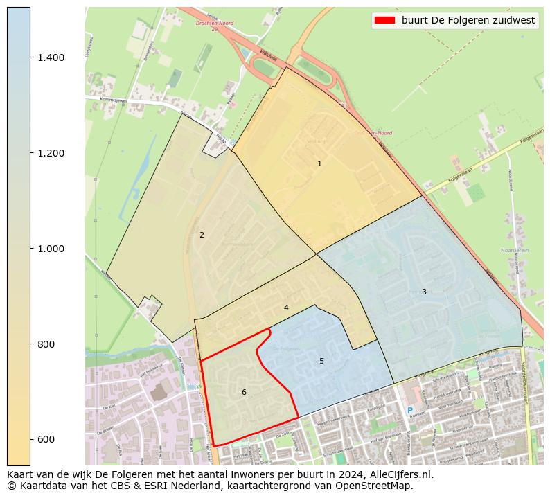 Kaart van de wijk De Folgeren met het aantal inwoners per buurt in 2024. Op deze pagina vind je veel informatie over inwoners (zoals de verdeling naar leeftijdsgroepen, gezinssamenstelling, geslacht, autochtoon of Nederlands met een immigratie achtergrond,...), woningen (aantallen, types, prijs ontwikkeling, gebruik, type eigendom,...) en méér (autobezit, energieverbruik,...)  op basis van open data van het Centraal Bureau voor de Statistiek en diverse andere bronnen!