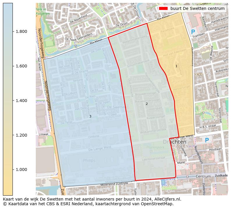 Kaart van de wijk De Swetten met het aantal inwoners per buurt in 2024. Op deze pagina vind je veel informatie over inwoners (zoals de verdeling naar leeftijdsgroepen, gezinssamenstelling, geslacht, autochtoon of Nederlands met een immigratie achtergrond,...), woningen (aantallen, types, prijs ontwikkeling, gebruik, type eigendom,...) en méér (autobezit, energieverbruik,...)  op basis van open data van het centraal bureau voor de statistiek en diverse andere bronnen!