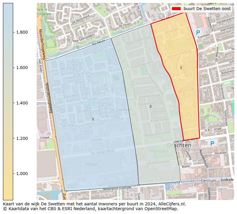 Kaart van de wijk De Swetten met het aantal inwoners per buurt in 2024. Op deze pagina vind je veel informatie over inwoners (zoals de verdeling naar leeftijdsgroepen, gezinssamenstelling, geslacht, autochtoon of Nederlands met een immigratie achtergrond,...), woningen (aantallen, types, prijs ontwikkeling, gebruik, type eigendom,...) en méér (autobezit, energieverbruik,...)  op basis van open data van het centraal bureau voor de statistiek en diverse andere bronnen!