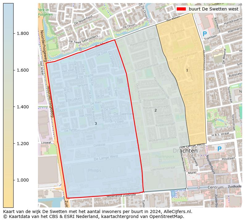 Kaart van de wijk De Swetten met het aantal inwoners per buurt in 2024. Op deze pagina vind je veel informatie over inwoners (zoals de verdeling naar leeftijdsgroepen, gezinssamenstelling, geslacht, autochtoon of Nederlands met een immigratie achtergrond,...), woningen (aantallen, types, prijs ontwikkeling, gebruik, type eigendom,...) en méér (autobezit, energieverbruik,...)  op basis van open data van het centraal bureau voor de statistiek en diverse andere bronnen!