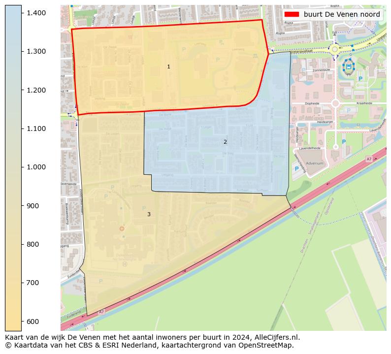 Kaart van de wijk De Venen met het aantal inwoners per buurt in 2024. Op deze pagina vind je veel informatie over inwoners (zoals de verdeling naar leeftijdsgroepen, gezinssamenstelling, geslacht, autochtoon of Nederlands met een immigratie achtergrond,...), woningen (aantallen, types, prijs ontwikkeling, gebruik, type eigendom,...) en méér (autobezit, energieverbruik,...)  op basis van open data van het centraal bureau voor de statistiek en diverse andere bronnen!