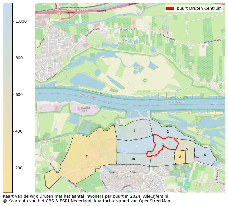 Kaart van de wijk Druten met het aantal inwoners per buurt in 2024. Op deze pagina vind je veel informatie over inwoners (zoals de verdeling naar leeftijdsgroepen, gezinssamenstelling, geslacht, autochtoon of Nederlands met een immigratie achtergrond,...), woningen (aantallen, types, prijs ontwikkeling, gebruik, type eigendom,...) en méér (autobezit, energieverbruik,...)  op basis van open data van het centraal bureau voor de statistiek en diverse andere bronnen!