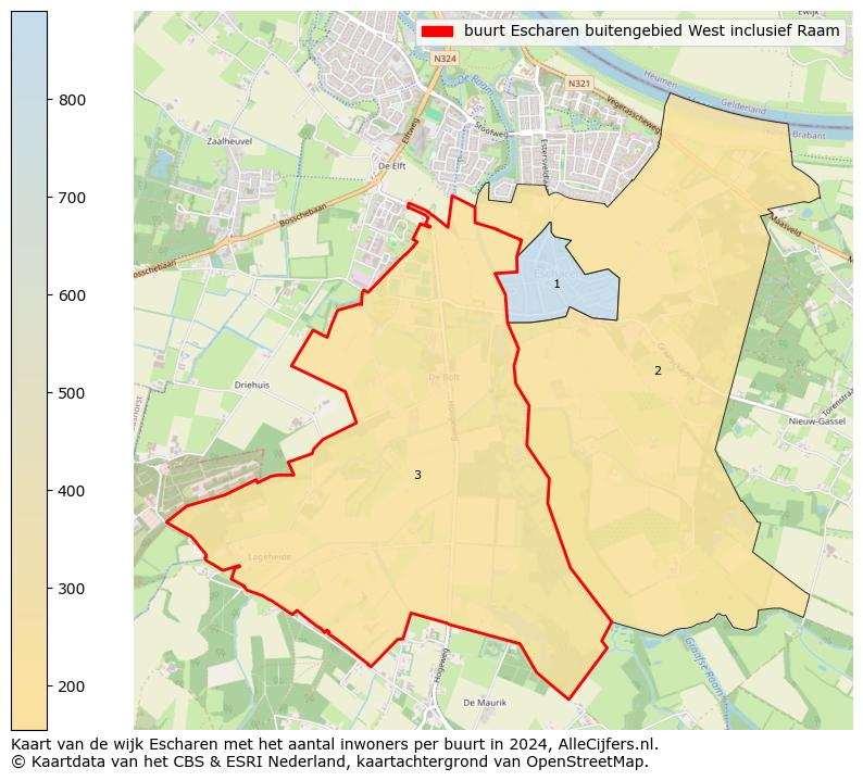 Kaart van de wijk Escharen met het aantal inwoners per buurt in 2024. Op deze pagina vind je veel informatie over inwoners (zoals de verdeling naar leeftijdsgroepen, gezinssamenstelling, geslacht, autochtoon of Nederlands met een immigratie achtergrond,...), woningen (aantallen, types, prijs ontwikkeling, gebruik, type eigendom,...) en méér (autobezit, energieverbruik,...)  op basis van open data van het centraal bureau voor de statistiek en diverse andere bronnen!