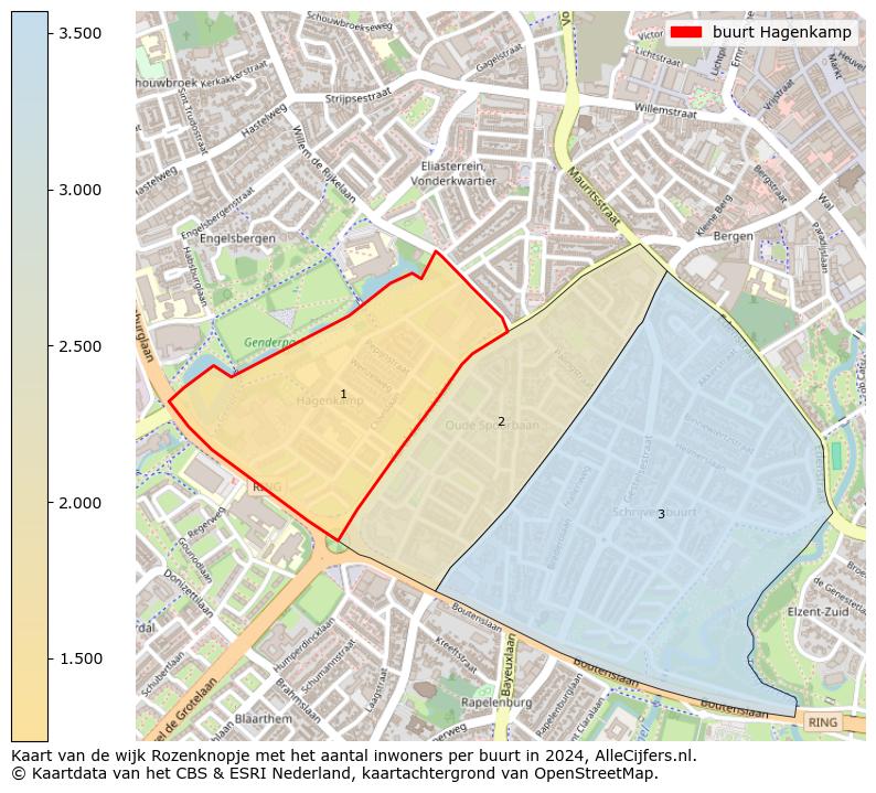 Kaart van de wijk Rozenknopje met het aantal inwoners per buurt in 2024. Op deze pagina vind je veel informatie over inwoners (zoals de verdeling naar leeftijdsgroepen, gezinssamenstelling, geslacht, autochtoon of Nederlands met een immigratie achtergrond,...), woningen (aantallen, types, prijs ontwikkeling, gebruik, type eigendom,...) en méér (autobezit, energieverbruik,...)  op basis van open data van het Centraal Bureau voor de Statistiek en diverse andere bronnen!