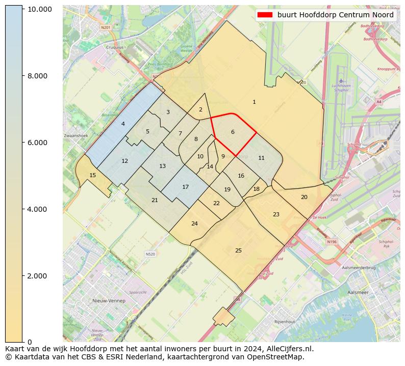 Kaart van de wijk Hoofddorp met het aantal inwoners per buurt in 2024. Op deze pagina vind je veel informatie over inwoners (zoals de verdeling naar leeftijdsgroepen, gezinssamenstelling, geslacht, autochtoon of Nederlands met een immigratie achtergrond,...), woningen (aantallen, types, prijs ontwikkeling, gebruik, type eigendom,...) en méér (autobezit, energieverbruik,...)  op basis van open data van het Centraal Bureau voor de Statistiek en diverse andere bronnen!