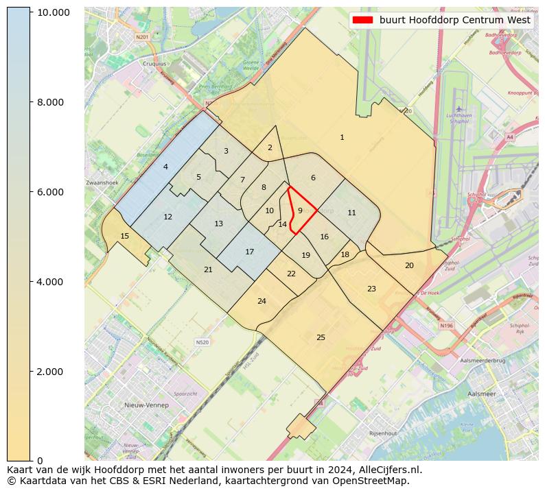 Kaart van de wijk Hoofddorp met het aantal inwoners per buurt in 2024. Op deze pagina vind je veel informatie over inwoners (zoals de verdeling naar leeftijdsgroepen, gezinssamenstelling, geslacht, autochtoon of Nederlands met een immigratie achtergrond,...), woningen (aantallen, types, prijs ontwikkeling, gebruik, type eigendom,...) en méér (autobezit, energieverbruik,...)  op basis van open data van het Centraal Bureau voor de Statistiek en diverse andere bronnen!