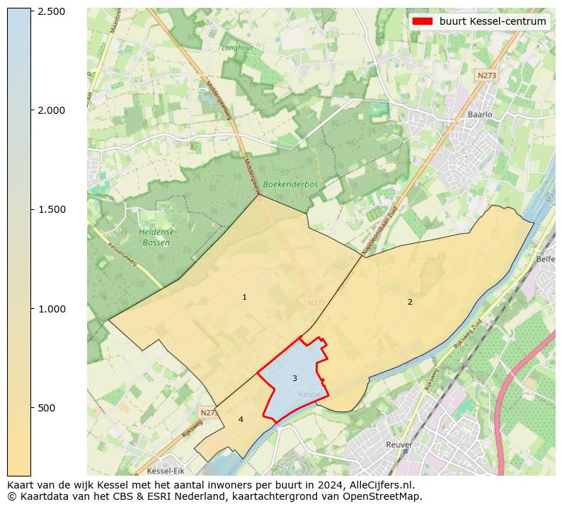 Kaart van de wijk Kessel met het aantal inwoners per buurt in 2024. Op deze pagina vind je veel informatie over inwoners (zoals de verdeling naar leeftijdsgroepen, gezinssamenstelling, geslacht, autochtoon of Nederlands met een immigratie achtergrond,...), woningen (aantallen, types, prijs ontwikkeling, gebruik, type eigendom,...) en méér (autobezit, energieverbruik,...)  op basis van open data van het Centraal Bureau voor de Statistiek en diverse andere bronnen!