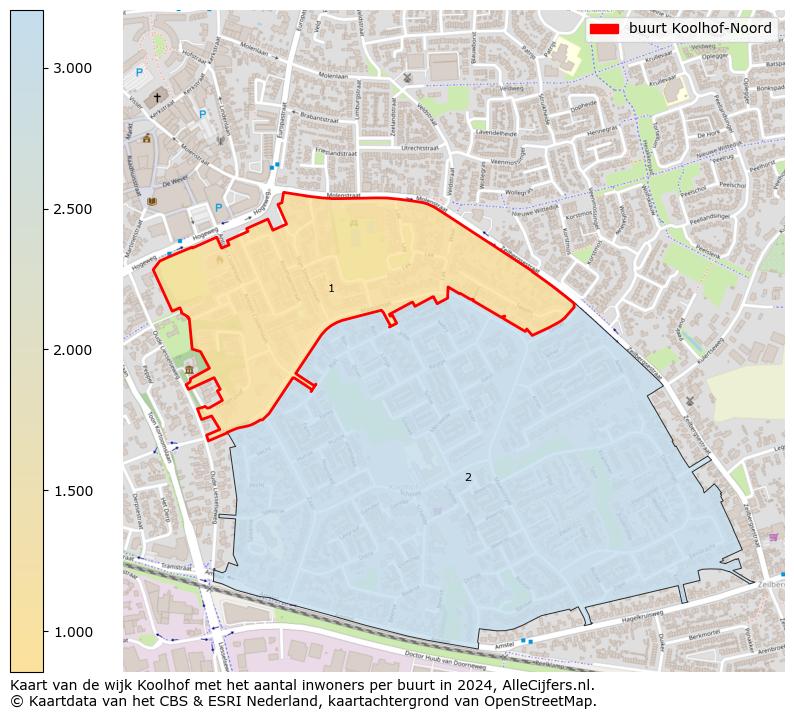 Kaart van de wijk Koolhof met het aantal inwoners per buurt in 2024. Op deze pagina vind je veel informatie over inwoners (zoals de verdeling naar leeftijdsgroepen, gezinssamenstelling, geslacht, autochtoon of Nederlands met een immigratie achtergrond,...), woningen (aantallen, types, prijs ontwikkeling, gebruik, type eigendom,...) en méér (autobezit, energieverbruik,...)  op basis van open data van het Centraal Bureau voor de Statistiek en diverse andere bronnen!