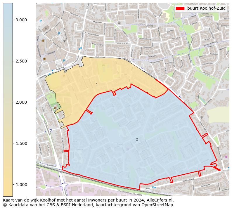 Kaart van de wijk Koolhof met het aantal inwoners per buurt in 2024. Op deze pagina vind je veel informatie over inwoners (zoals de verdeling naar leeftijdsgroepen, gezinssamenstelling, geslacht, autochtoon of Nederlands met een immigratie achtergrond,...), woningen (aantallen, types, prijs ontwikkeling, gebruik, type eigendom,...) en méér (autobezit, energieverbruik,...)  op basis van open data van het Centraal Bureau voor de Statistiek en diverse andere bronnen!