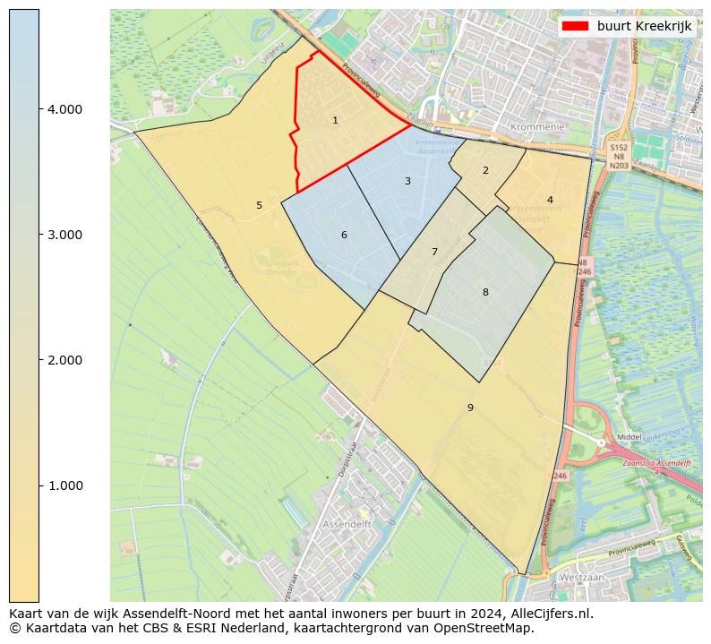 Kaart van de wijk Assendelft-Noord met het aantal inwoners per buurt in 2024. Op deze pagina vind je veel informatie over inwoners (zoals de verdeling naar leeftijdsgroepen, gezinssamenstelling, geslacht, autochtoon of Nederlands met een immigratie achtergrond,...), woningen (aantallen, types, prijs ontwikkeling, gebruik, type eigendom,...) en méér (autobezit, energieverbruik,...)  op basis van open data van het centraal bureau voor de statistiek en diverse andere bronnen!