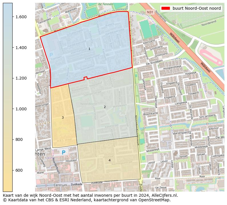 Kaart van de wijk Noord-Oost met het aantal inwoners per buurt in 2024. Op deze pagina vind je veel informatie over inwoners (zoals de verdeling naar leeftijdsgroepen, gezinssamenstelling, geslacht, autochtoon of Nederlands met een immigratie achtergrond,...), woningen (aantallen, types, prijs ontwikkeling, gebruik, type eigendom,...) en méér (autobezit, energieverbruik,...)  op basis van open data van het Centraal Bureau voor de Statistiek en diverse andere bronnen!