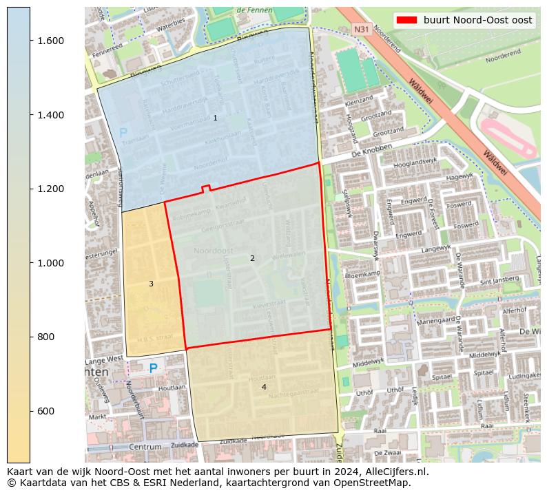 Kaart van de wijk Noord-Oost met het aantal inwoners per buurt in 2024. Op deze pagina vind je veel informatie over inwoners (zoals de verdeling naar leeftijdsgroepen, gezinssamenstelling, geslacht, autochtoon of Nederlands met een immigratie achtergrond,...), woningen (aantallen, types, prijs ontwikkeling, gebruik, type eigendom,...) en méér (autobezit, energieverbruik,...)  op basis van open data van het centraal bureau voor de statistiek en diverse andere bronnen!