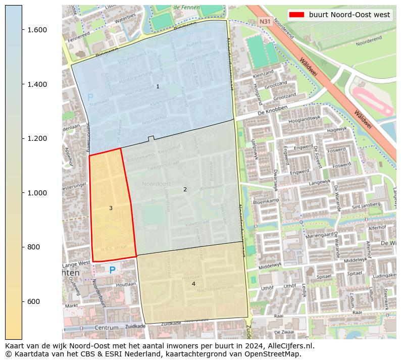 Kaart van de wijk Noord-Oost met het aantal inwoners per buurt in 2024. Op deze pagina vind je veel informatie over inwoners (zoals de verdeling naar leeftijdsgroepen, gezinssamenstelling, geslacht, autochtoon of Nederlands met een immigratie achtergrond,...), woningen (aantallen, types, prijs ontwikkeling, gebruik, type eigendom,...) en méér (autobezit, energieverbruik,...)  op basis van open data van het Centraal Bureau voor de Statistiek en diverse andere bronnen!