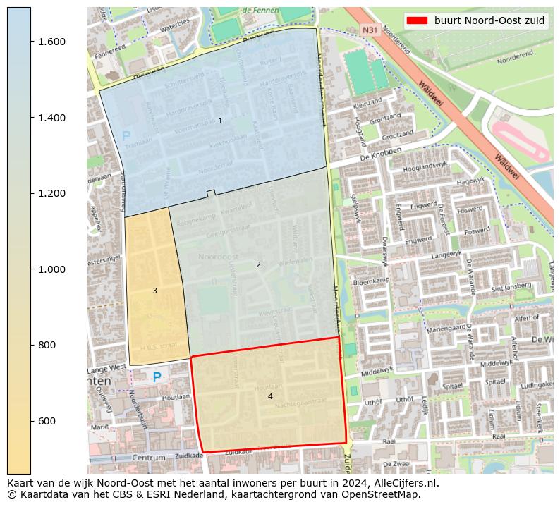 Kaart van de wijk Noord-Oost met het aantal inwoners per buurt in 2024. Op deze pagina vind je veel informatie over inwoners (zoals de verdeling naar leeftijdsgroepen, gezinssamenstelling, geslacht, autochtoon of Nederlands met een immigratie achtergrond,...), woningen (aantallen, types, prijs ontwikkeling, gebruik, type eigendom,...) en méér (autobezit, energieverbruik,...)  op basis van open data van het centraal bureau voor de statistiek en diverse andere bronnen!