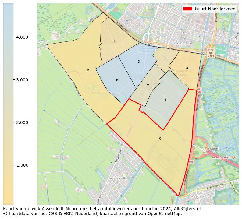 Kaart van de wijk Assendelft-Noord met het aantal inwoners per buurt in 2024. Op deze pagina vind je veel informatie over inwoners (zoals de verdeling naar leeftijdsgroepen, gezinssamenstelling, geslacht, autochtoon of Nederlands met een immigratie achtergrond,...), woningen (aantallen, types, prijs ontwikkeling, gebruik, type eigendom,...) en méér (autobezit, energieverbruik,...)  op basis van open data van het Centraal Bureau voor de Statistiek en diverse andere bronnen!