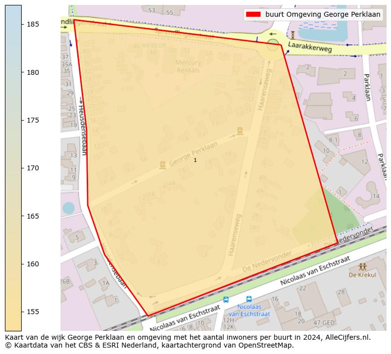 Kaart van de wijk George Perklaan en omgeving met het aantal inwoners per buurt in 2024. Op deze pagina vind je veel informatie over inwoners (zoals de verdeling naar leeftijdsgroepen, gezinssamenstelling, geslacht, autochtoon of Nederlands met een immigratie achtergrond,...), woningen (aantallen, types, prijs ontwikkeling, gebruik, type eigendom,...) en méér (autobezit, energieverbruik,...)  op basis van open data van het Centraal Bureau voor de Statistiek en diverse andere bronnen!