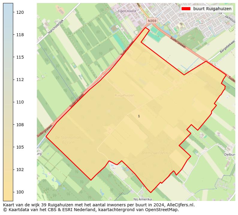 Kaart van de wijk 39 Ruigahuizen met het aantal inwoners per buurt in 2024. Op deze pagina vind je veel informatie over inwoners (zoals de verdeling naar leeftijdsgroepen, gezinssamenstelling, geslacht, autochtoon of Nederlands met een immigratie achtergrond,...), woningen (aantallen, types, prijs ontwikkeling, gebruik, type eigendom,...) en méér (autobezit, energieverbruik,...)  op basis van open data van het Centraal Bureau voor de Statistiek en diverse andere bronnen!