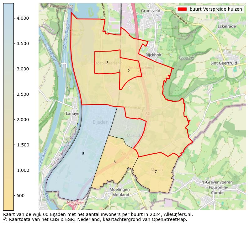 Kaart van de wijk 00 Eijsden met het aantal inwoners per buurt in 2024. Op deze pagina vind je veel informatie over inwoners (zoals de verdeling naar leeftijdsgroepen, gezinssamenstelling, geslacht, autochtoon of Nederlands met een immigratie achtergrond,...), woningen (aantallen, types, prijs ontwikkeling, gebruik, type eigendom,...) en méér (autobezit, energieverbruik,...)  op basis van open data van het centraal bureau voor de statistiek en diverse andere bronnen!