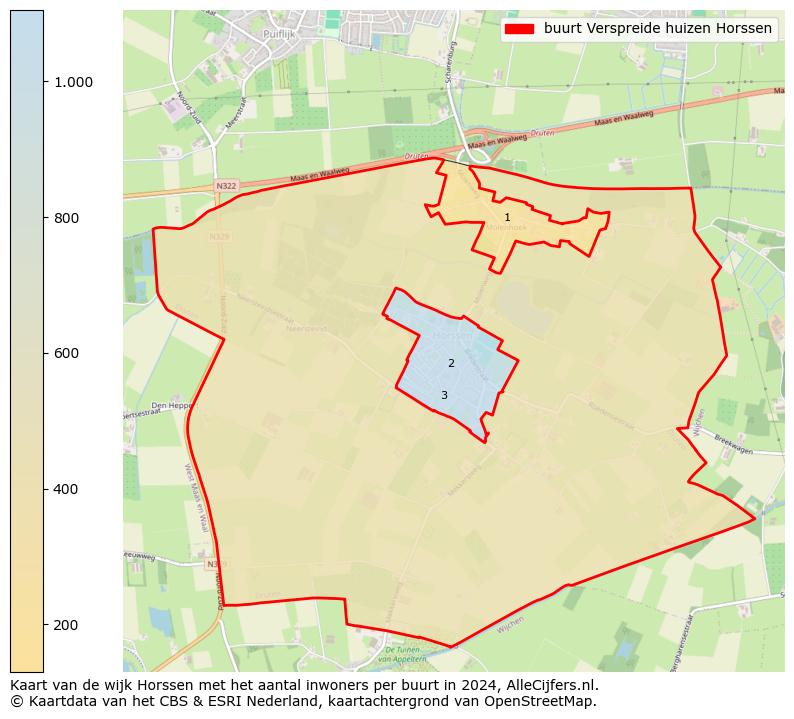 Kaart van de wijk Horssen met het aantal inwoners per buurt in 2024. Op deze pagina vind je veel informatie over inwoners (zoals de verdeling naar leeftijdsgroepen, gezinssamenstelling, geslacht, autochtoon of Nederlands met een immigratie achtergrond,...), woningen (aantallen, types, prijs ontwikkeling, gebruik, type eigendom,...) en méér (autobezit, energieverbruik,...)  op basis van open data van het Centraal Bureau voor de Statistiek en diverse andere bronnen!